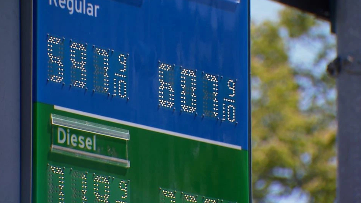 Gas station price sign with Diesel label on a green panel and price digits on a blue background