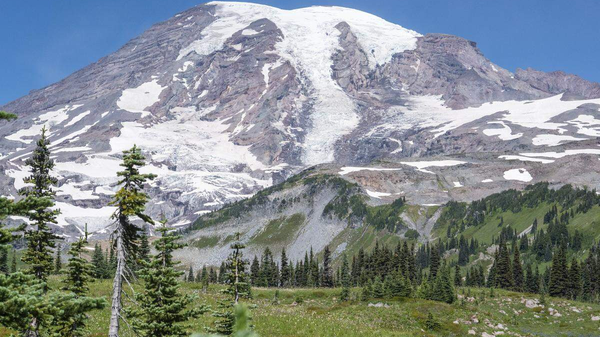Snow-capped mountain rising above a green forest and meadow under a blue sky.