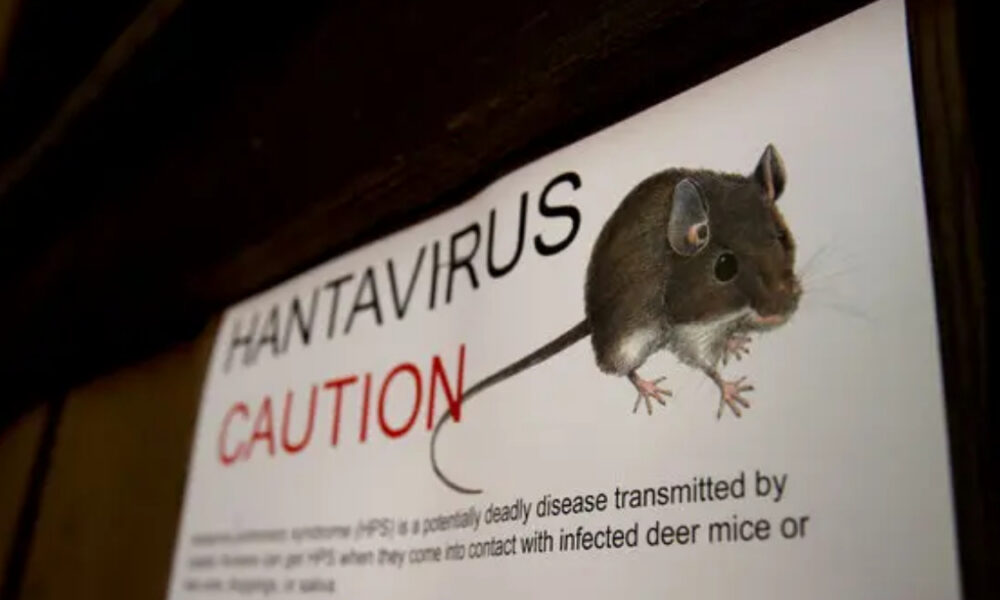 Caution sign reading 'HANTAVIRUS CAUTION' with a drawing of a small mouse on the right side.