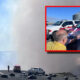 Wide view of a wildfire with thick smoke, emergency vehicles, and security cones on a barren ground. Inset shows firefighters reviewing a map near a red pickup truck, framed in red.