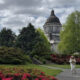 Person in white clothing and hat walks along a curved garden path toward a domed neoclassical building, with blooming bushes in the foreground.