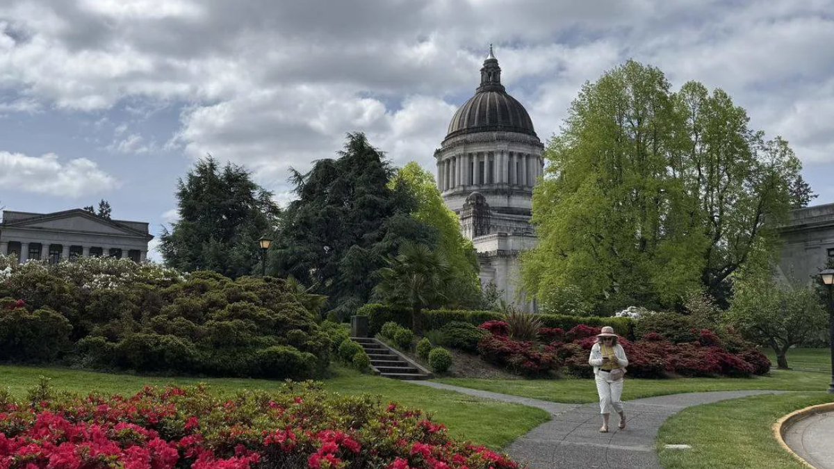 Person in white clothing and hat walks along a curved garden path toward a domed neoclassical building, with blooming bushes in the foreground.