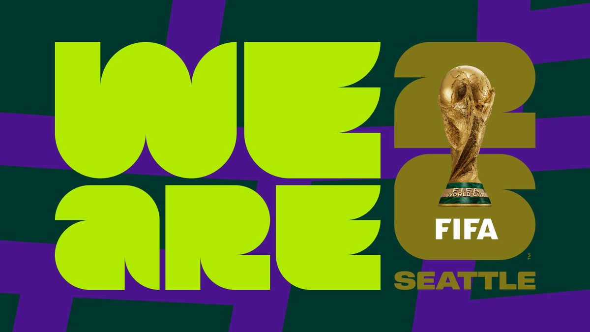 Bright lime-green poster with bold typography forming 'World Cup 2022' and a FIFA World Cup trophy over the number 22, plus 'Seattle' text.