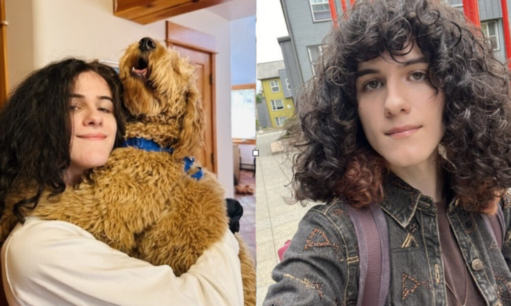 Left panel: person with dark curly hair hugging a large fluffy golden dog indoors. Right panel: person with shoulder-length curly hair in a denim jacket outdoors with a backpack.