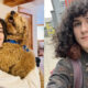 Left panel: person with dark curly hair hugging a large fluffy golden dog indoors. Right panel: person with shoulder-length curly hair in a denim jacket outdoors with a backpack.