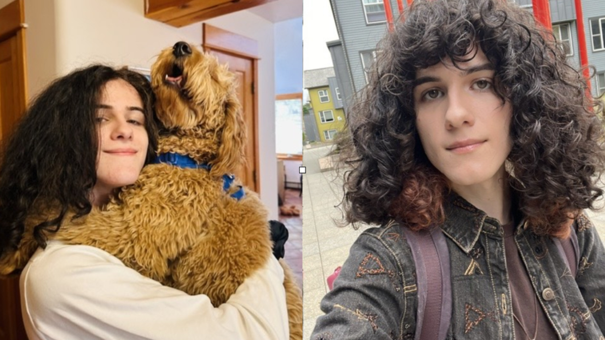 Left panel: person with dark curly hair hugging a large fluffy golden dog indoors. Right panel: person with shoulder-length curly hair in a denim jacket outdoors with a backpack.