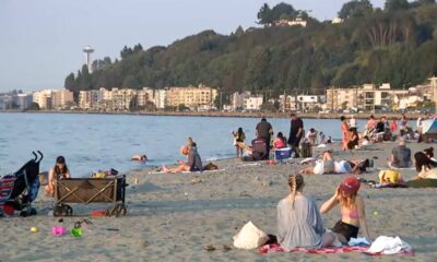 Crowded city beach along a calm bay with sunbathers, families, and swimmers; buildings and hills in the background.