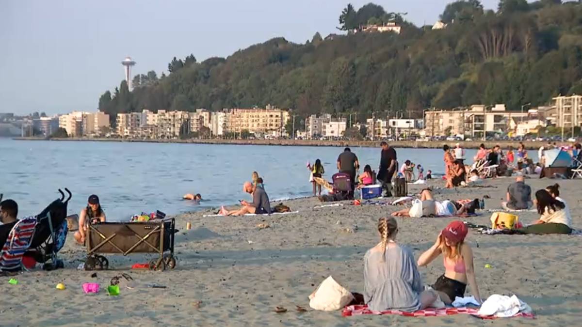 Crowded city beach along a calm bay with sunbathers, families, and swimmers; buildings and hills in the background.