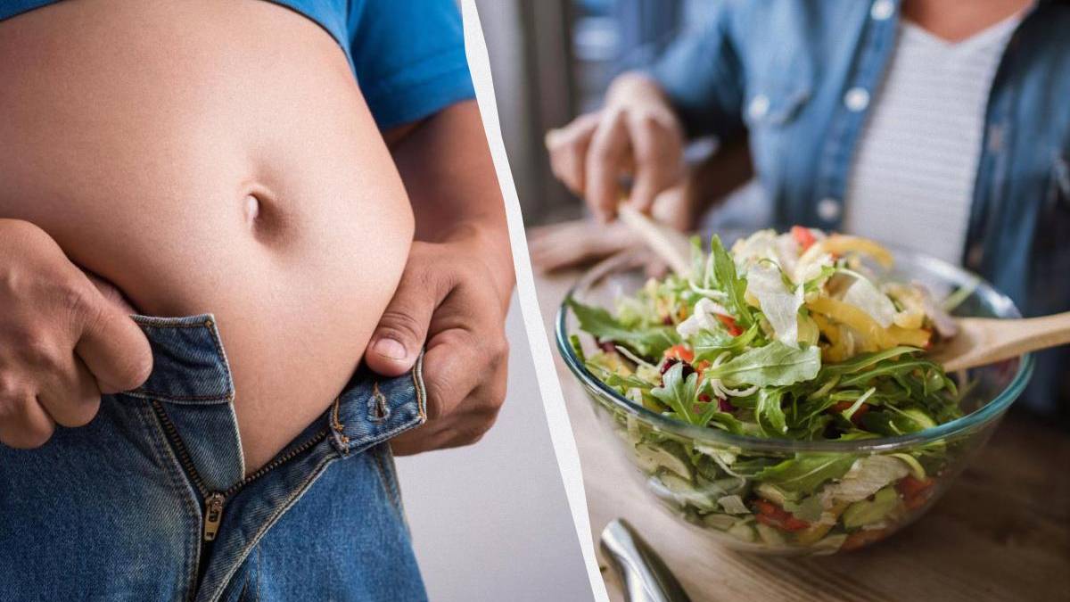 Split image: left side shows a pregnant belly with jeans unbuttoned; right side a person preparing a bowl of salad.