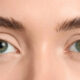 Close-up of a person's green eyes with well-groomed eyebrows and light makeup on peach-toned skin.