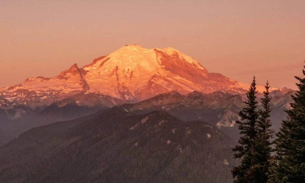 Snow-capped mountain bathed in orange sunset light above forested hills with evergreen trees in the foreground, panoramic view.