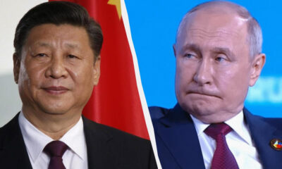 Side-by-side portraits of Xi Jinping (left) and Vladimir Putin (right) separated by a curved white divider.