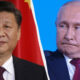 Side-by-side portraits of Xi Jinping (left) and Vladimir Putin (right) separated by a curved white divider.