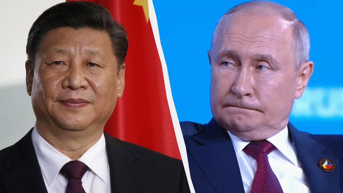 Side-by-side portraits of Xi Jinping (left) and Vladimir Putin (right) separated by a curved white divider.