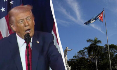 Left: Donald Trump giving a speech at a podium with American flags in the background; right: Cuban flag fluttering atop a flagpole near a statue and palm trees, divided by a curved white seam.