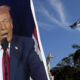 Left: Donald Trump giving a speech at a podium with American flags in the background; right: Cuban flag fluttering atop a flagpole near a statue and palm trees, divided by a curved white seam.