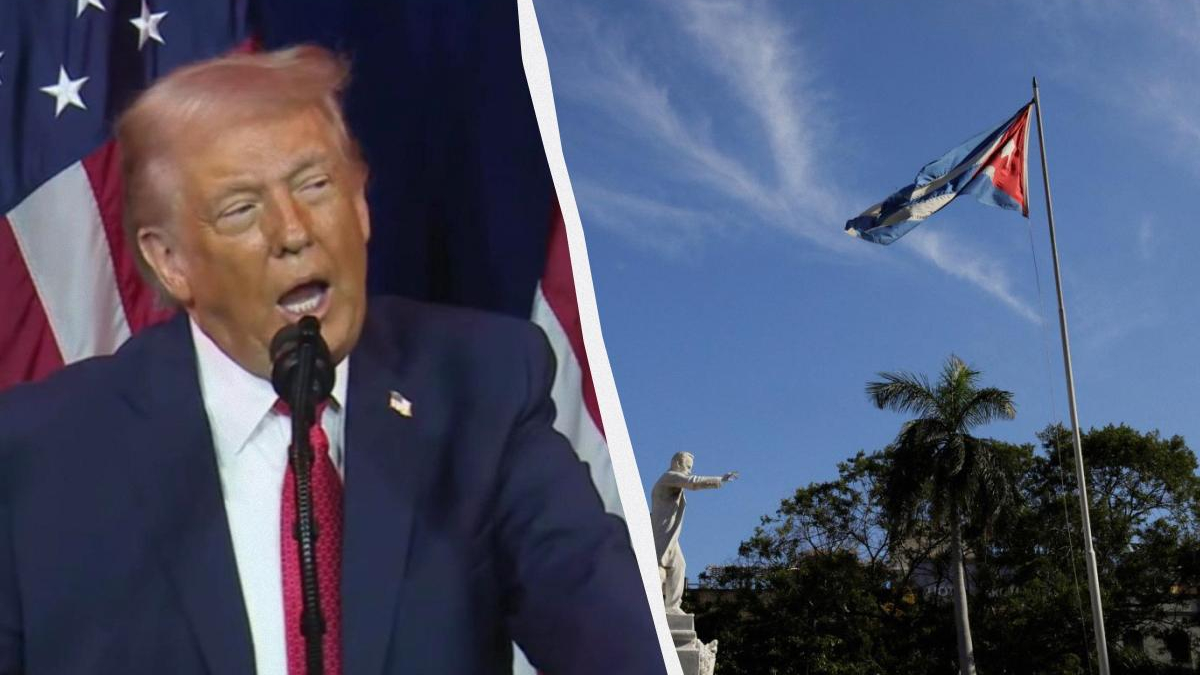 Left: Donald Trump giving a speech at a podium with American flags in the background; right: Cuban flag fluttering atop a flagpole near a statue and palm trees, divided by a curved white seam.