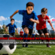 Kids run toward a soccer ball on a sunny field; bold Russian headline announces a new football park with two modern fields.