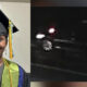 Young graduate in cap and gown posing indoors with a weather alert graphic at the corner and a green stole on, celebrating a milestone.