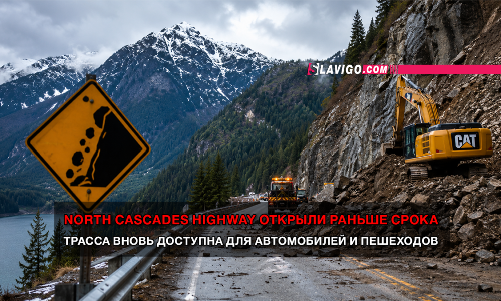 Mountain highway construction scene with a yellow CAT excavator on a rocky slope, warning sign, guardrail, and a banner announcing the North Cascades Highway opened early in red text.