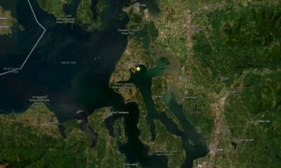 Satellite map of Puget Sound near Port Townsend and Ebey's Landing with a yellow star marking a point of interest near Oak Harbor/Whidbey Island coast