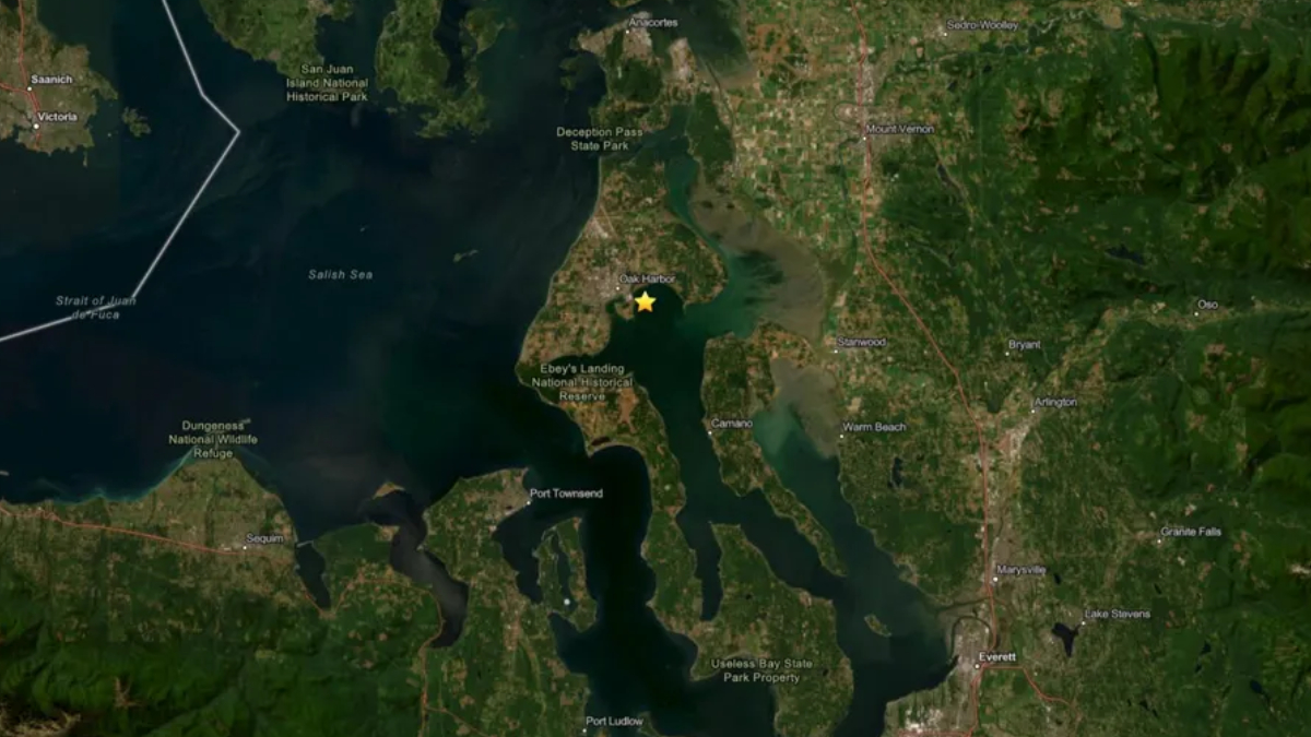 Satellite map of Puget Sound near Port Townsend and Ebey's Landing with a yellow star marking a point of interest near Oak Harbor/Whidbey Island coast
