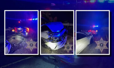 Three-panel collage of a nighttime highway crash showing a white sedan with front-end damage and blue/red emergency lights, sheriff badges in the image edges.