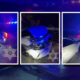 Three-panel collage of a nighttime highway crash showing a white sedan with front-end damage and blue/red emergency lights, sheriff badges in the image edges.