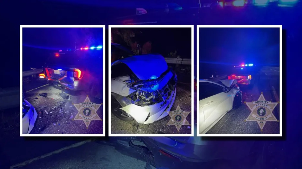 Three-panel collage of a nighttime highway crash showing a white sedan with front-end damage and blue/red emergency lights, sheriff badges in the image edges.
