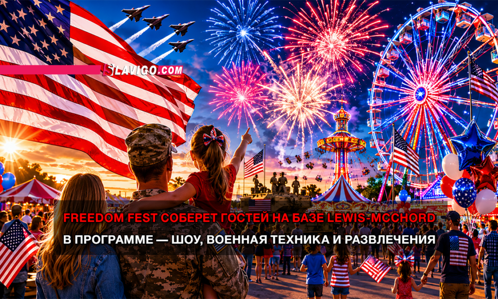 Patriotic festival scene at dusk with American flags, fireworks, a ferris wheel, and soldiers on stage; crowd of families celebrating Freedom Fest at Lewis-McChord base.