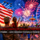 Patriotic festival scene at dusk with American flags, fireworks, a ferris wheel, and soldiers on stage; crowd of families celebrating Freedom Fest at Lewis-McChord base.