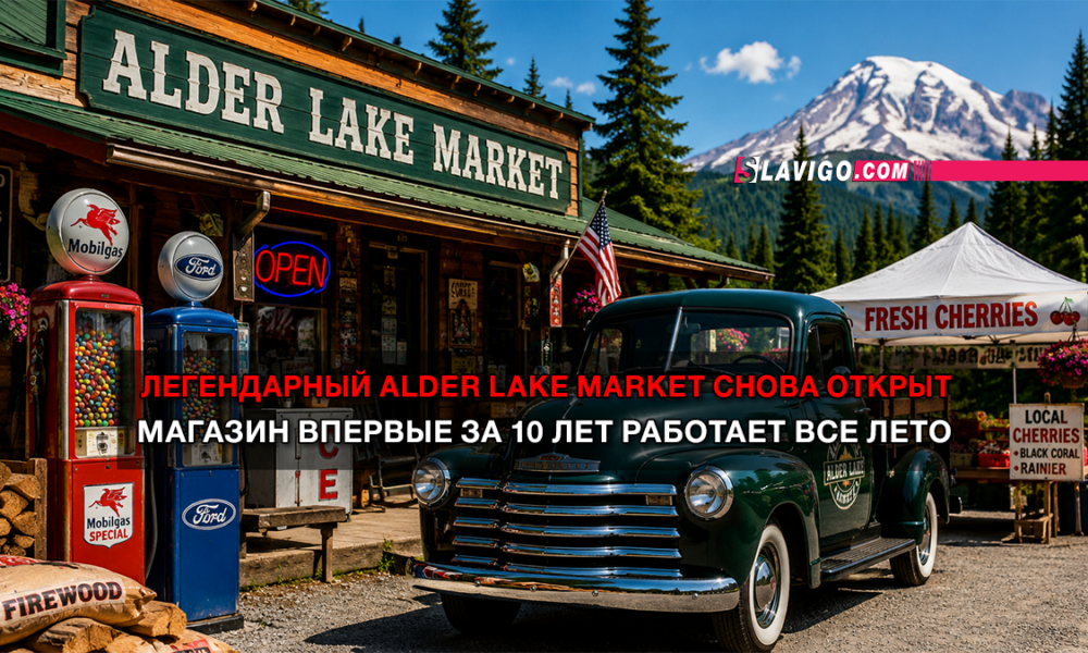 Vintage Alder Lake Market storefront with a classic dark green car parked outside and retro gas pumps against a mountain backdrop.