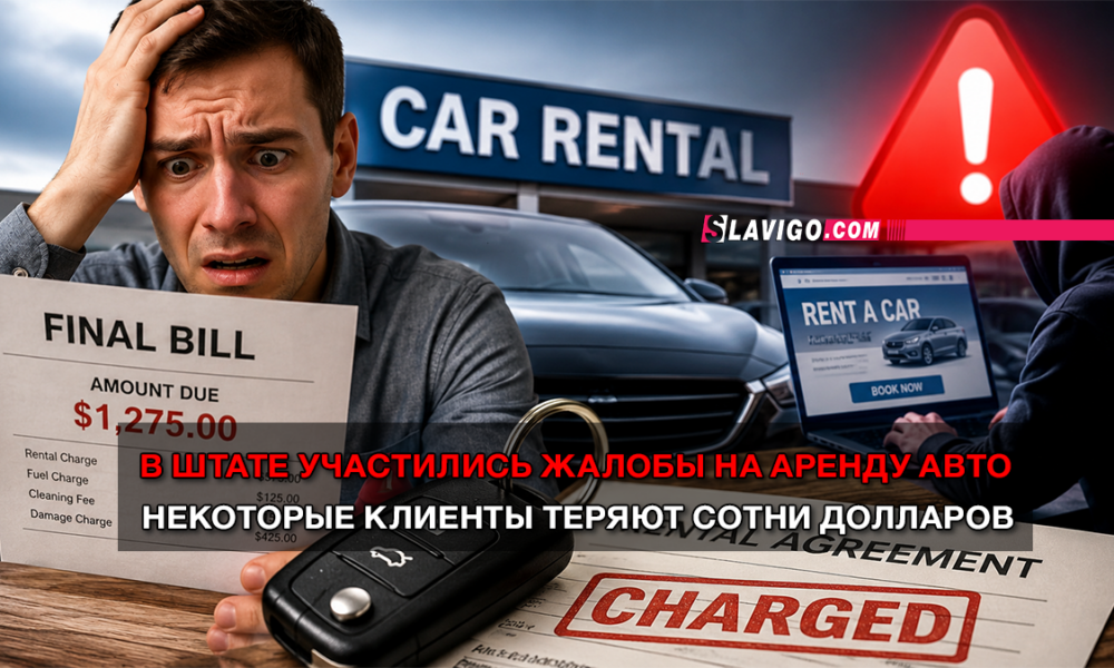 Man distressed by a large final bill for car rental, with a 'Final Bill' document and a charged notice on the desk.