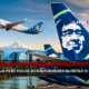 Alaska Airlines plane taking off over a city skyline with a snowy mountain in the background; red headline and white subheadline in Russian overlay the image, plus a Slavigo.com logo on the tail.