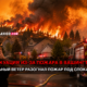 Suburban neighborhood overrun by a wildfire with flames behind houses, firefighters on scene and a person watching in the foreground.