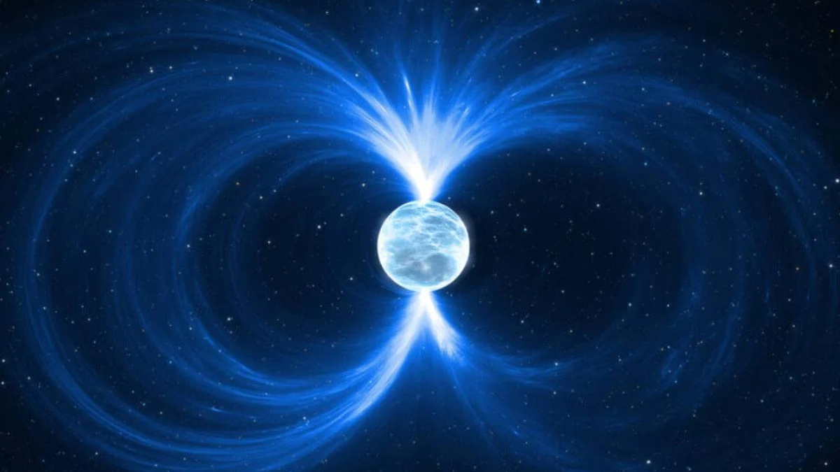 Small icy planet in space with bright blue magnetic field lines looping around it.