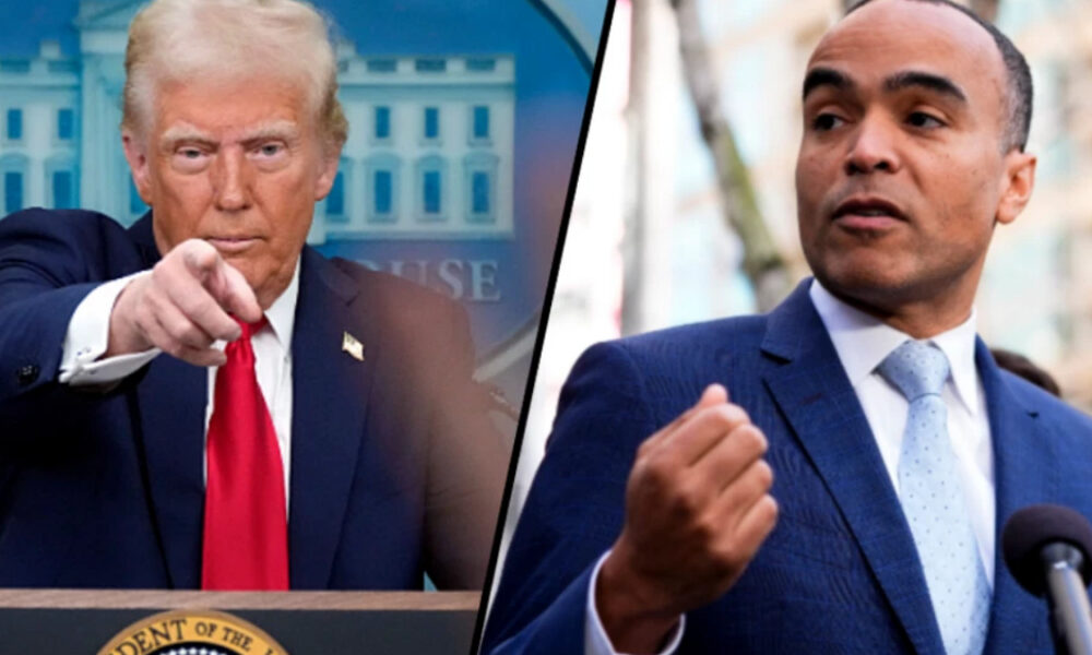 Split-screen: left a man in a dark suit and red tie points toward the camera; right a man in a blue suit speaks into a microphone, gesturing with his hand.