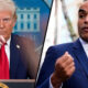 Split-screen: left a man in a dark suit and red tie points toward the camera; right a man in a blue suit speaks into a microphone, gesturing with his hand.