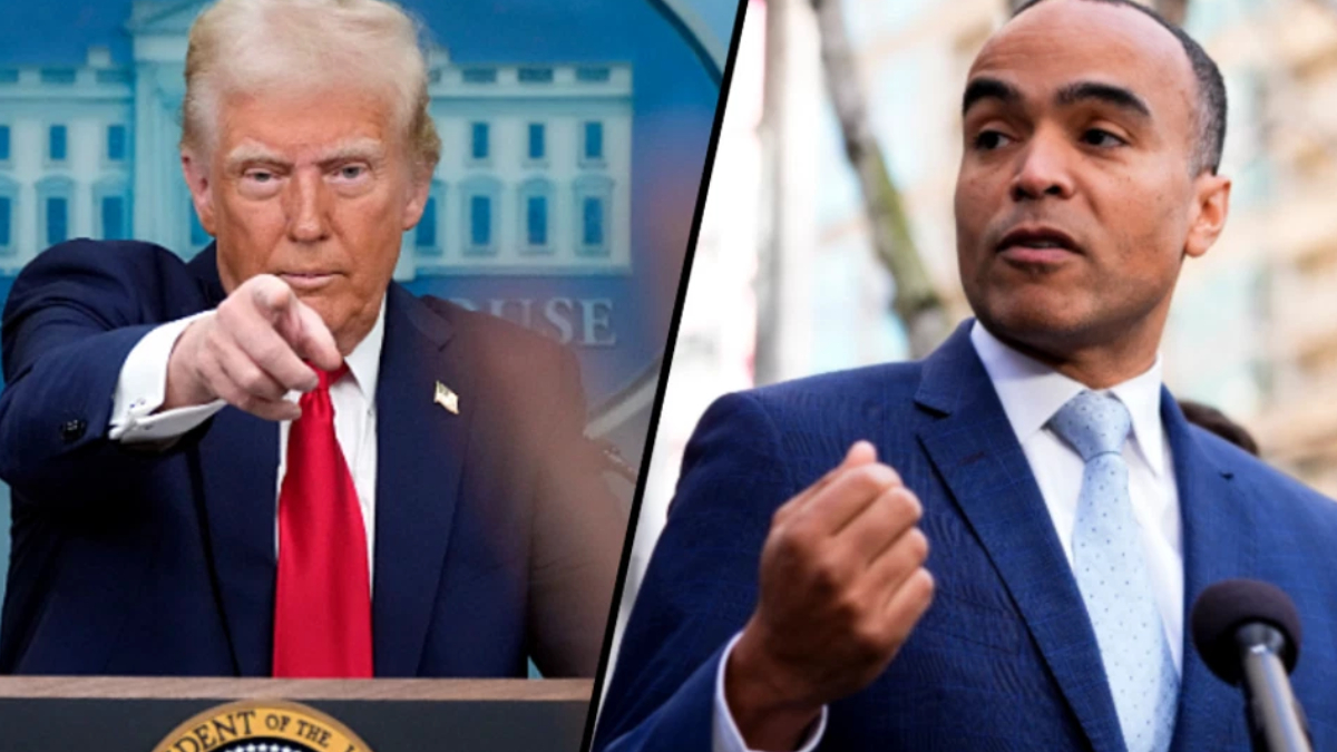 Split-screen: left a man in a dark suit and red tie points toward the camera; right a man in a blue suit speaks into a microphone, gesturing with his hand.
