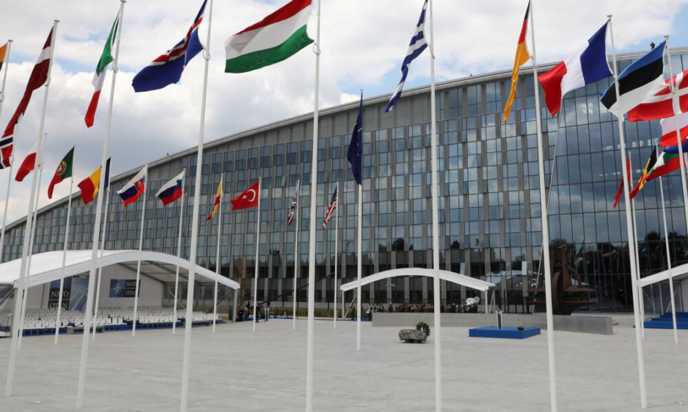 Modern glass-fronted building with many international flags on tall poles in a wide plaza.