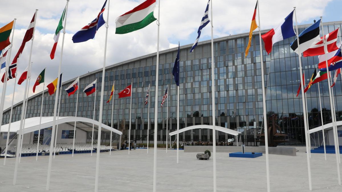 Modern glass-fronted building with many international flags on tall poles in a wide plaza.
