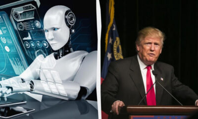 Split image showing a humanoid robot with holographic dashboards on the left and former President Donald Trump speaking at a podium on the right, highlighting tech vs politics.
