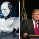 Split image showing a humanoid robot with holographic dashboards on the left and former President Donald Trump speaking at a podium on the right, highlighting tech vs politics.