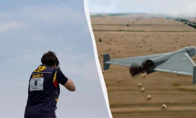 Split image: left a male athlete in a navy and yellow jersey with a race bib; right a grey flying-wing unmanned aircraft over a desert field.