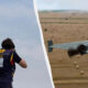 Split image: left a male athlete in a navy and yellow jersey with a race bib; right a grey flying-wing unmanned aircraft over a desert field.