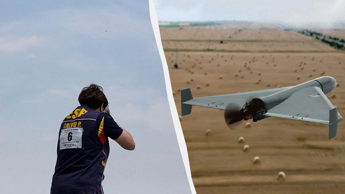 Split image: left a male athlete in a navy and yellow jersey with a race bib; right a grey flying-wing unmanned aircraft over a desert field.