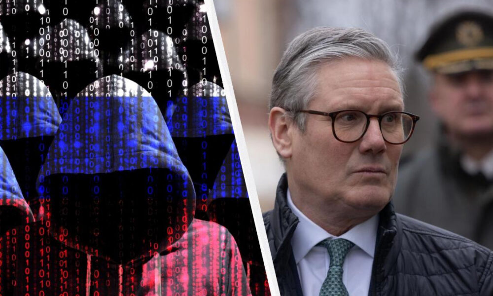 Split image: hooded hacker with binary code on the left; serious man in glasses and a suit on the right.