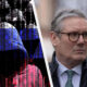 Split image: hooded hacker with binary code on the left; serious man in glasses and a suit on the right.
