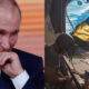 Side-by-side collage: a thinking man in a suit resting his chin on his hand, serious expression on a news set left panel; right panel shows a soldier by rubble with a blue-and-yellow flag nearby, outdoor urban scene with damage