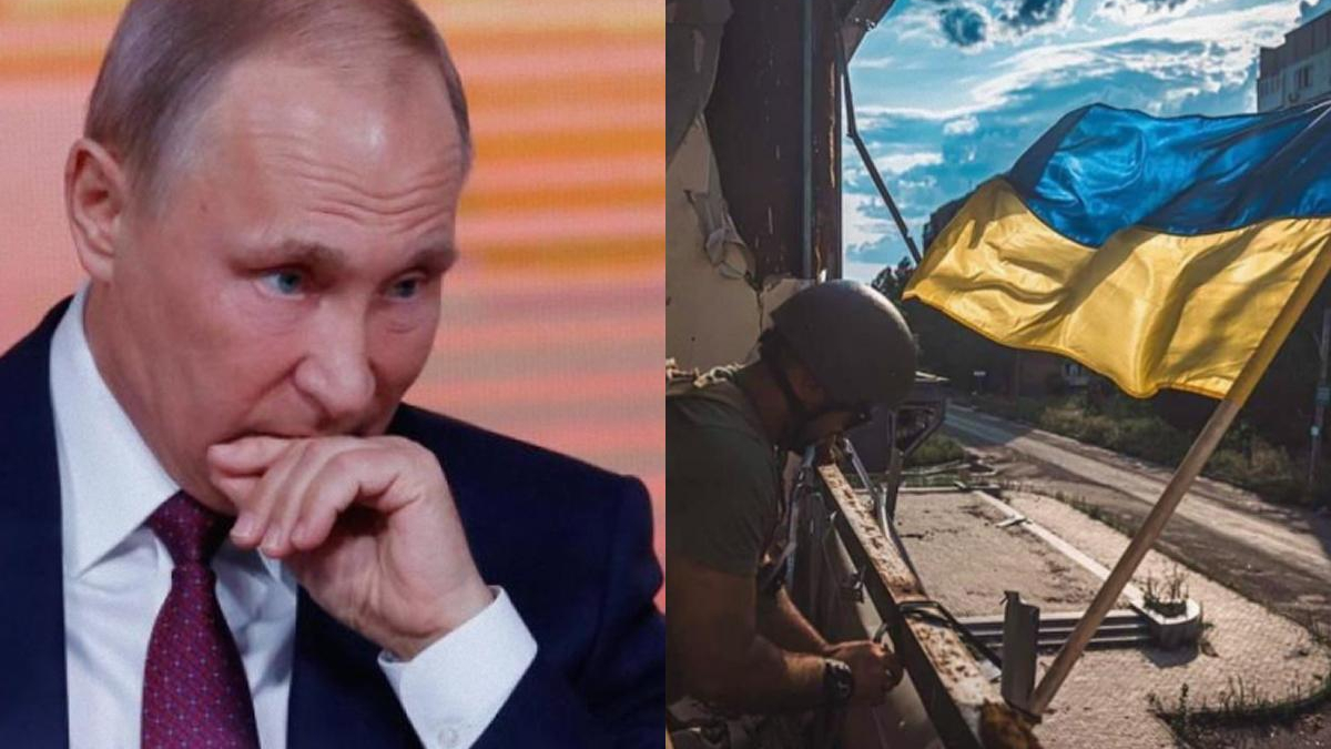 Side-by-side collage: a thinking man in a suit resting his chin on his hand, serious expression on a news set left panel; right panel shows a soldier by rubble with a blue-and-yellow flag nearby, outdoor urban scene with damage